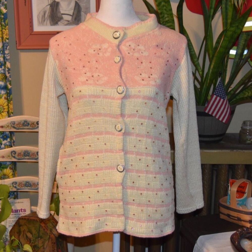 Vintage 1970s Kanchan Cardigan Sweater Beaded Front Pink Cream Size Small